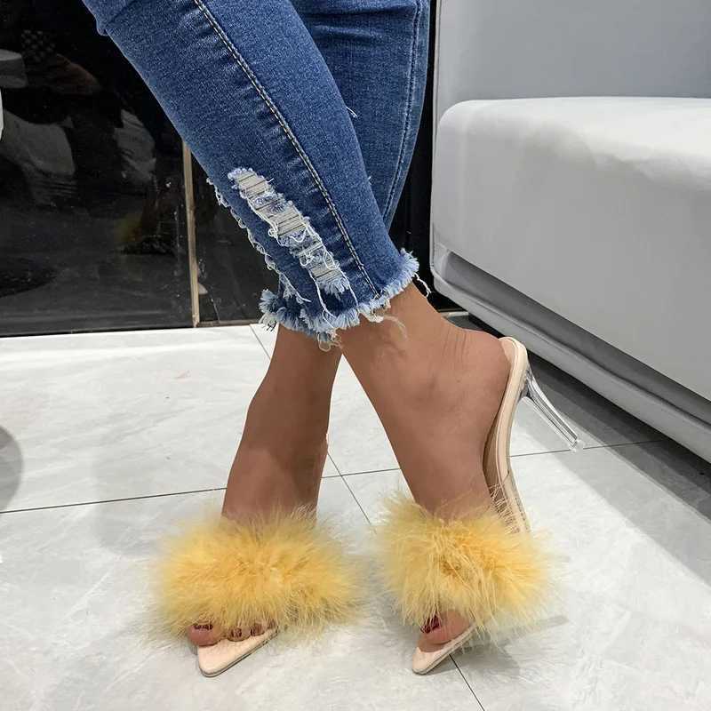 PU leather with feather peep toe transparent high heel slippers summer sexy slip clear heel slides women mules shoesXJ250207
