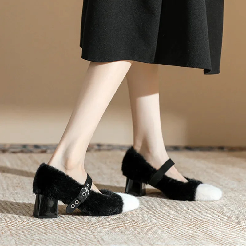 Fashion Furry Mary Jane Shoes Women 2025 Winter Cute Warm High Heels Square Heel Belt Buckle Women Pumps Zapatos De Mujer 241127