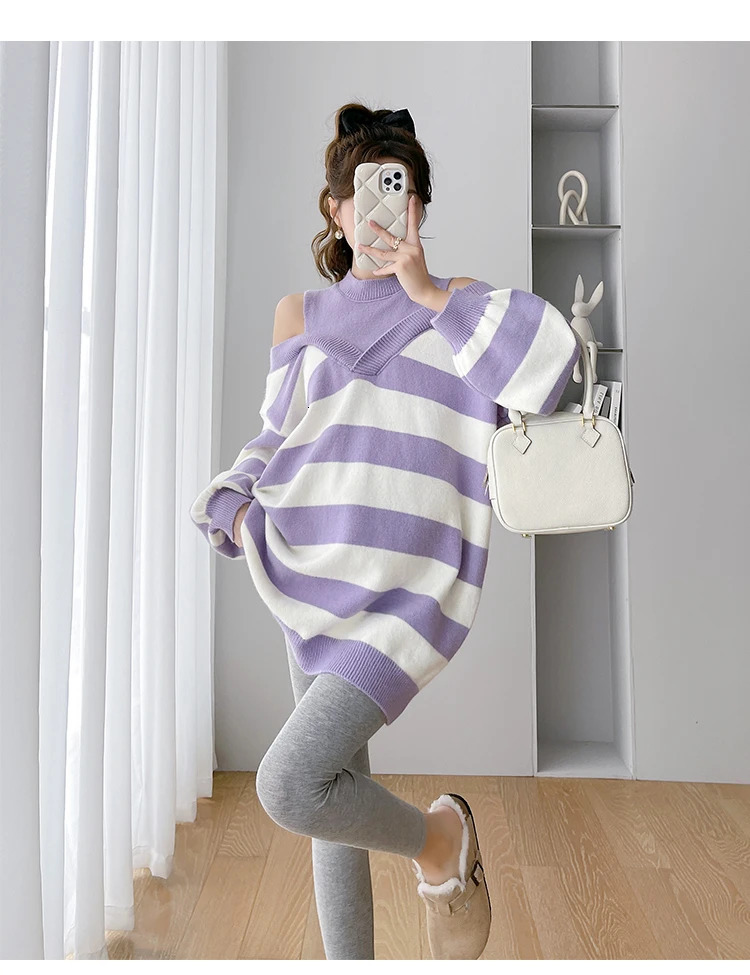 Pregnant womens shoulder strap two-piece sweater fashionable pregnant women pull up loose and fashionable pregnant womens clothing top 241126