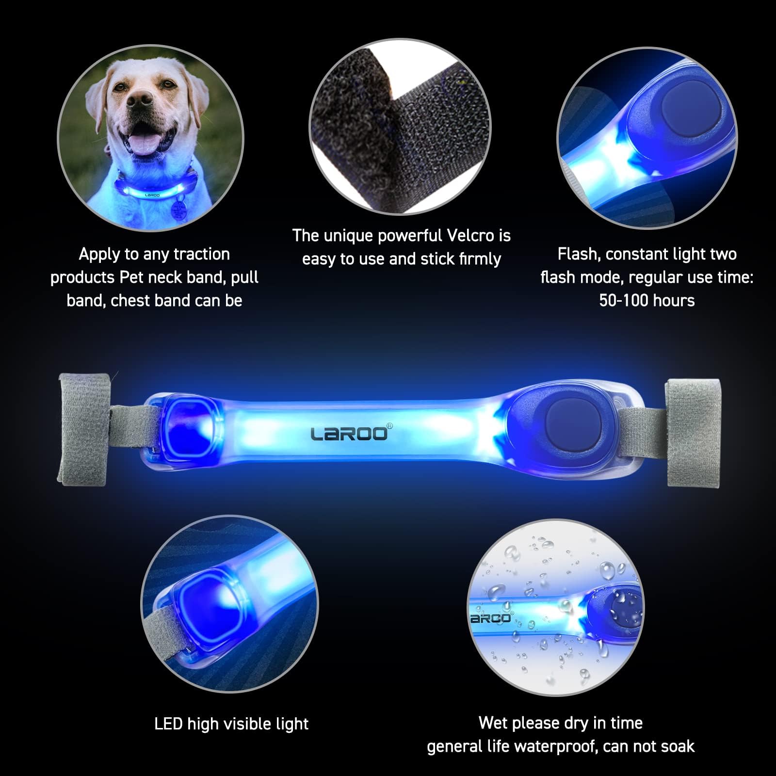 LaRoo Light Up with Nylon Stickers, Universal Glowing Accessories for Leash Harness, Silicone Waterproof Dog LED Flashing Collar Night Outdoor Safety