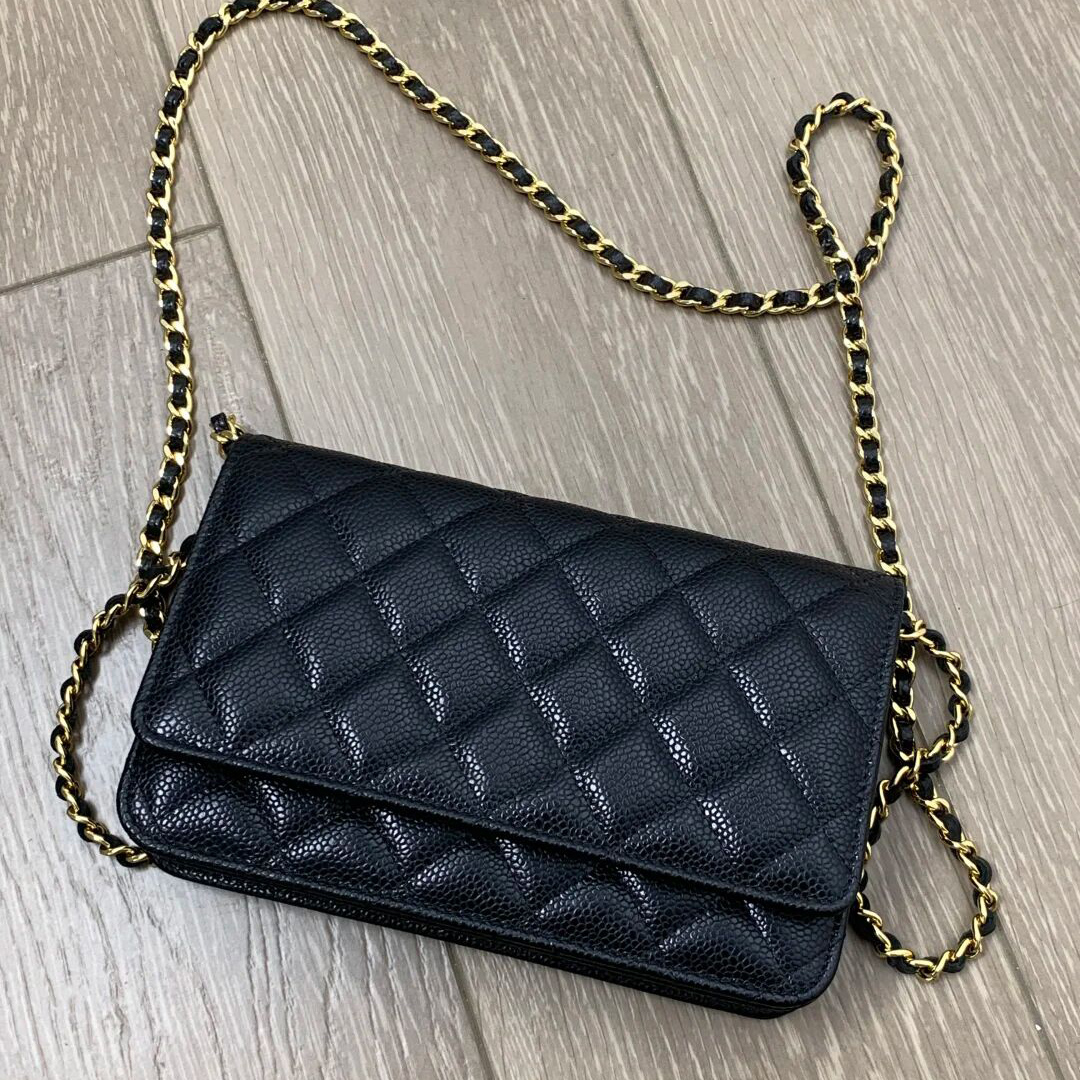 Caviar leather designer bag woc shoulder bag crossbody bag ladies plated gold buckle solid color genuine leather single strap flap luxury bag formal xb174
