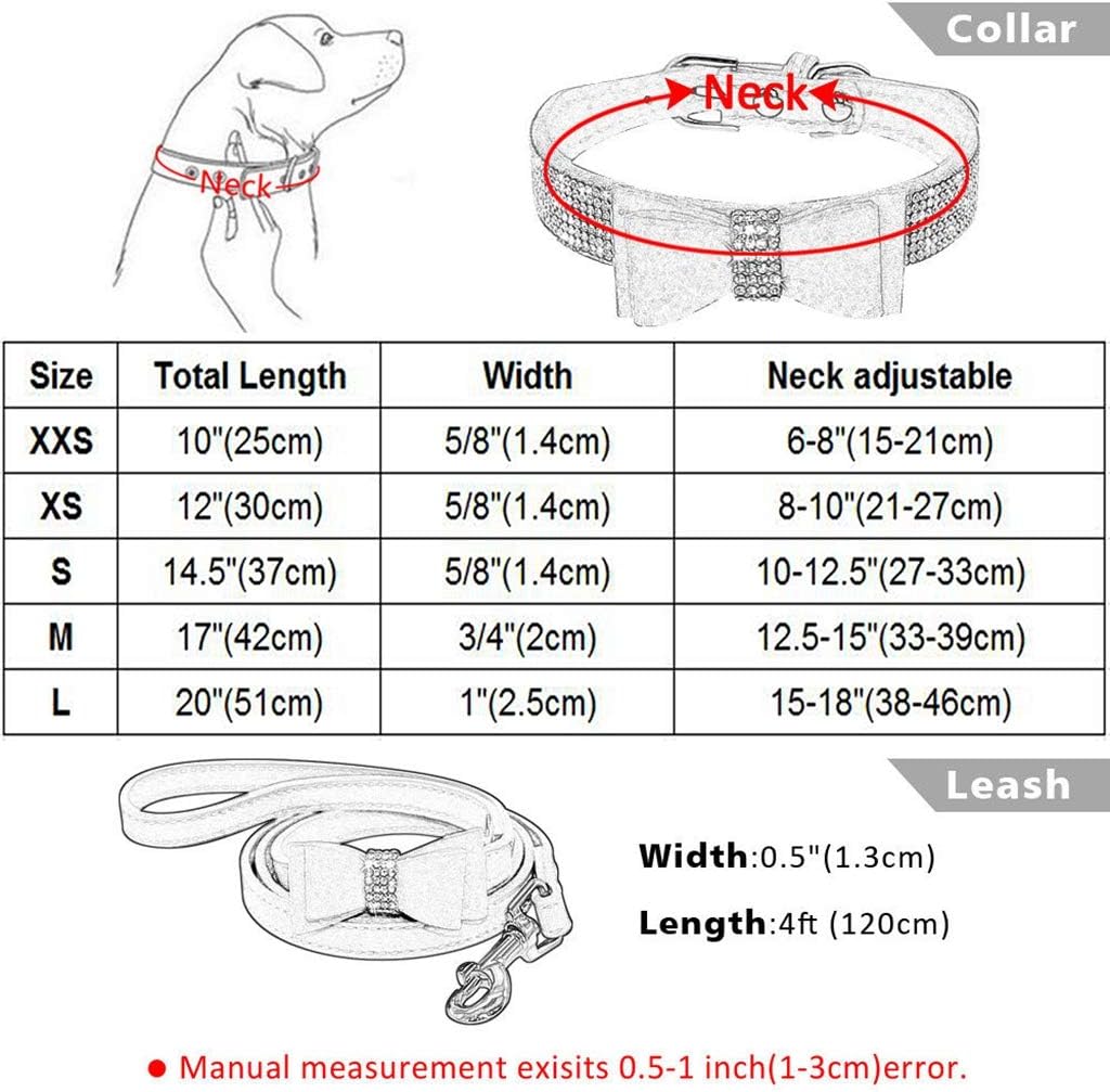 Jxinrong Rhie Bg Leather Dog Cat & Set Crystal Dias Studded Cute Bowknot Small Dogs Collar Puppy Leash