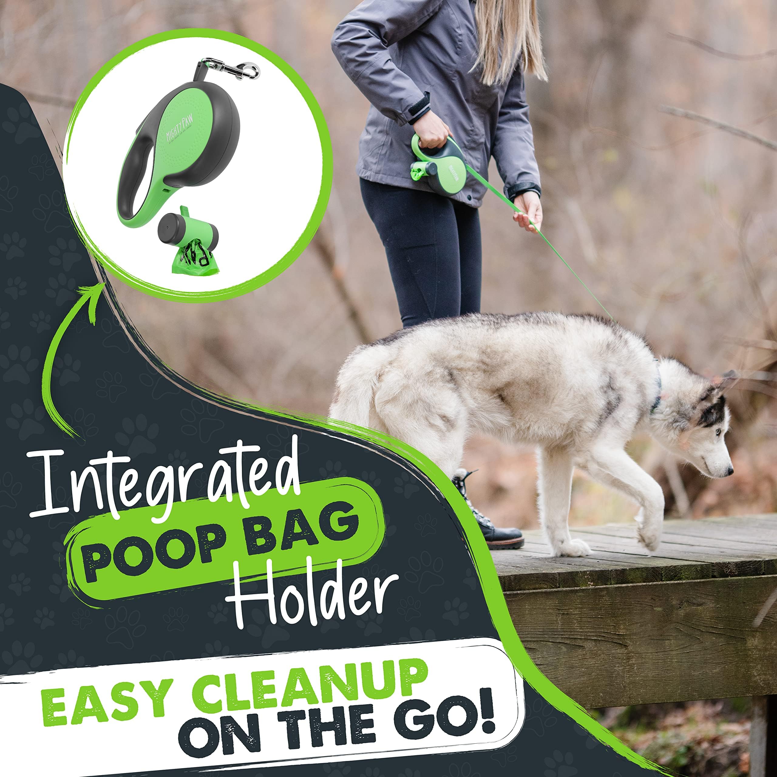 Mighty Paw Retractable with Built-in Poop Bag Holder | 16' Long Leash Small Dogs, Medium Breeds & Large Pets. Tape for Quick Control. Bags Includ
