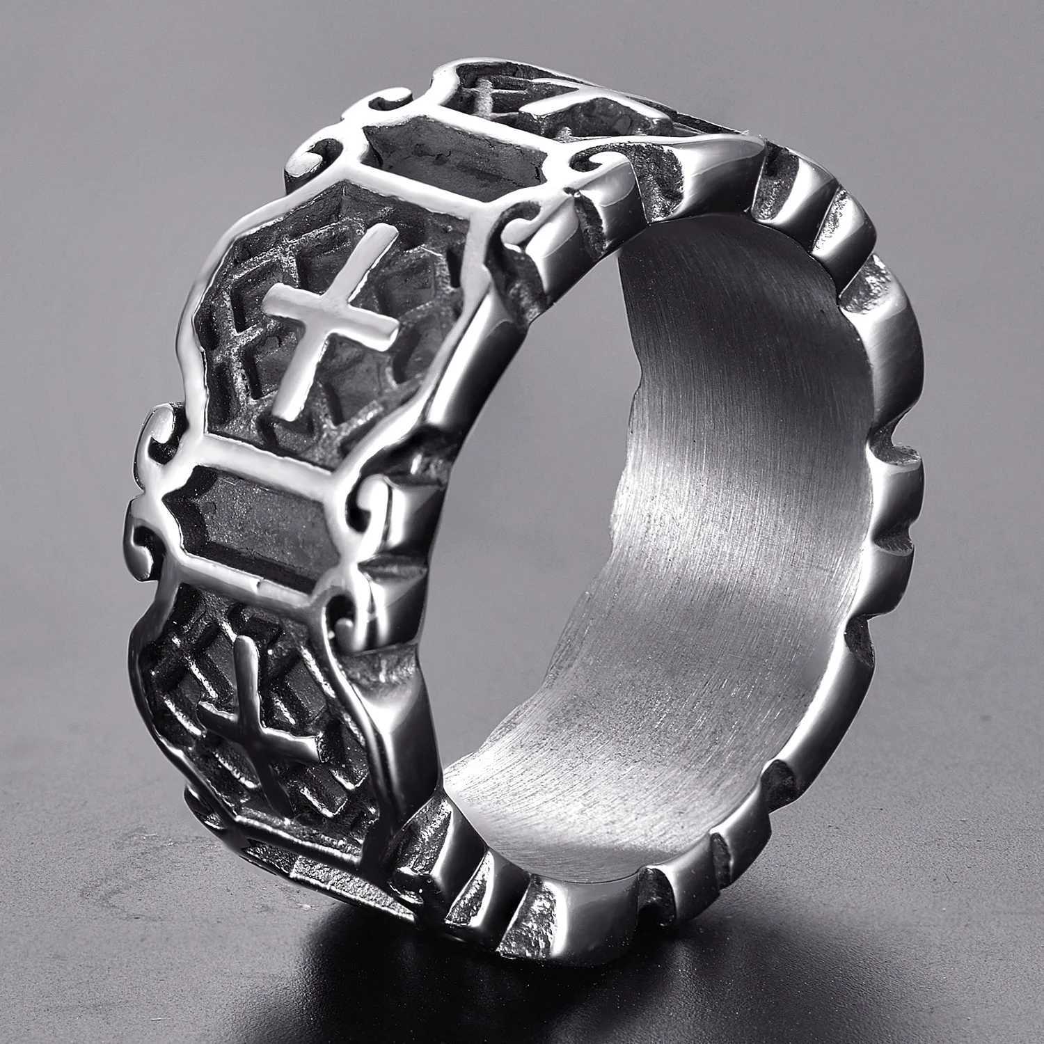 Retro Silver Color Punk Pattern Cross Ring for Mens Fashion Trend Street Hip-Hop Rock Goth Accories Jewelry Gift WholesaleXJ241127