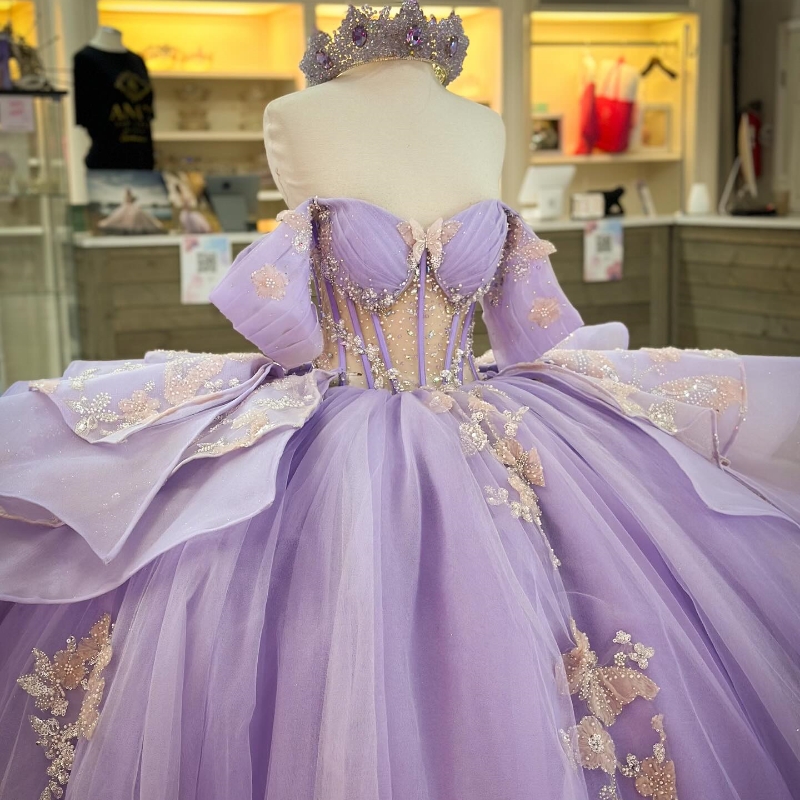 Sparkly Lilac Ball Gown Quinceanera Dress Applique Bow Beads Tull 2024 Sweetheart Birthday Party Sweet 16 Vestidos De 15 Anos