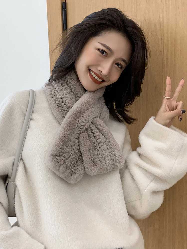 ZDFURS * Winter Thick True Rabbit Fur Fluffy Scarf Knitted Rex Rabbit Fur Collar Rabbit Fur Muffler Fashion Scarf W241127
