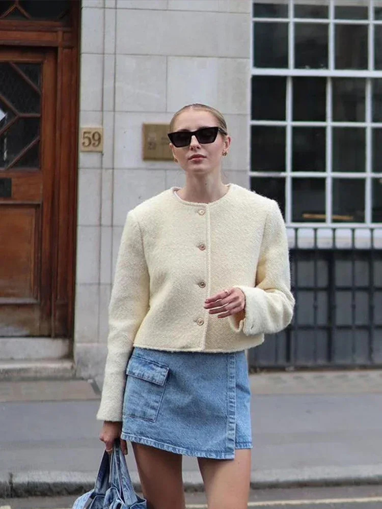 Elegant and casual tweed jacket for womens streetwear retro wool single chest O-neck long sleeved short sleeved autumn and winter outerwear 241126