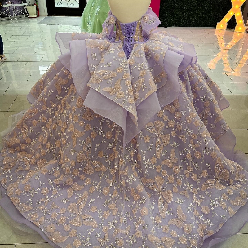 Sparkly Lilac Ball Gown Quinceanera Dress Applique Bow Beads Tull 2024 Sweetheart Birthday Party Sweet 16 Vestidos De 15 Anos