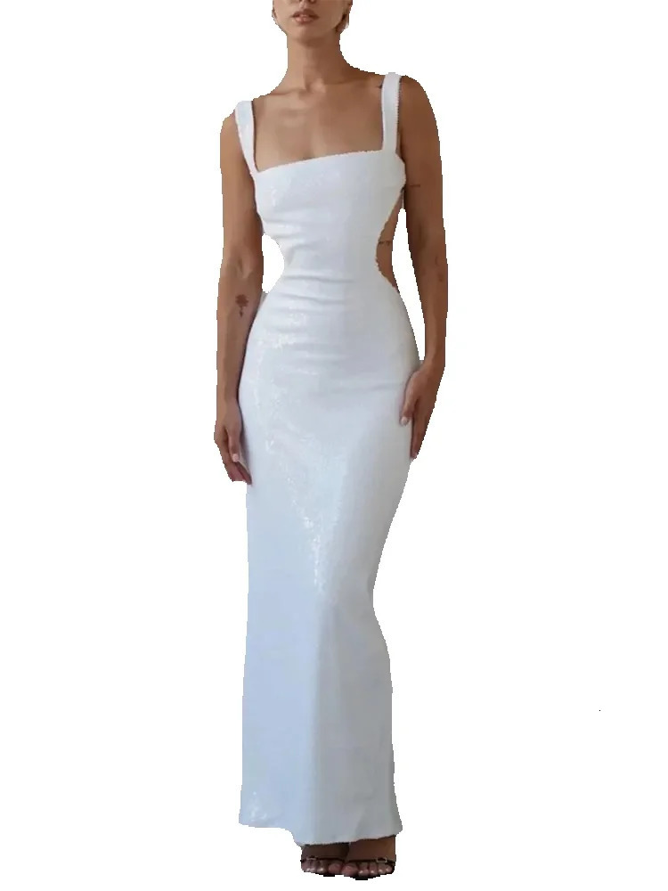 Sexy Sling Backless Silvery Maxi Dress For Women Fashion High Waist Bodycon Sleeveless Robes Female Evening Party Vestidos 241126