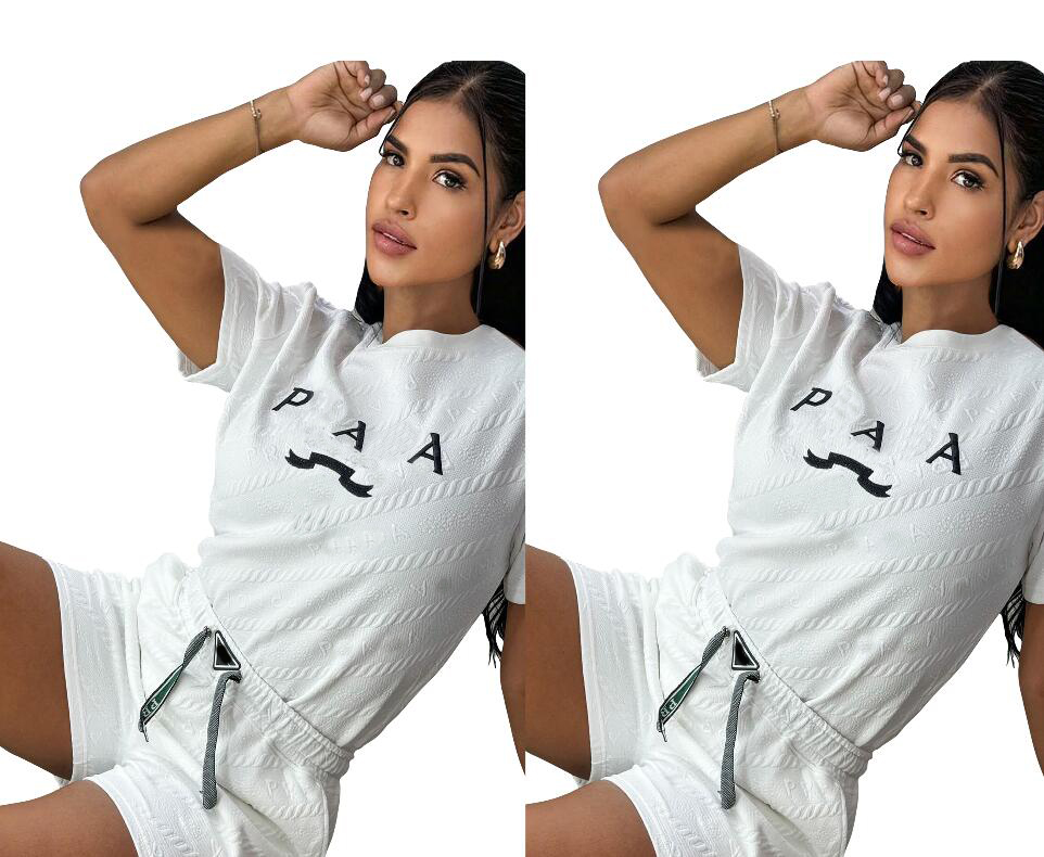 New Women's Embossed Tracksuits with Triangle Design Cotton Short sleeved T-shirt White Jogging Shorts 2-piece Set Festival Brand Clothing