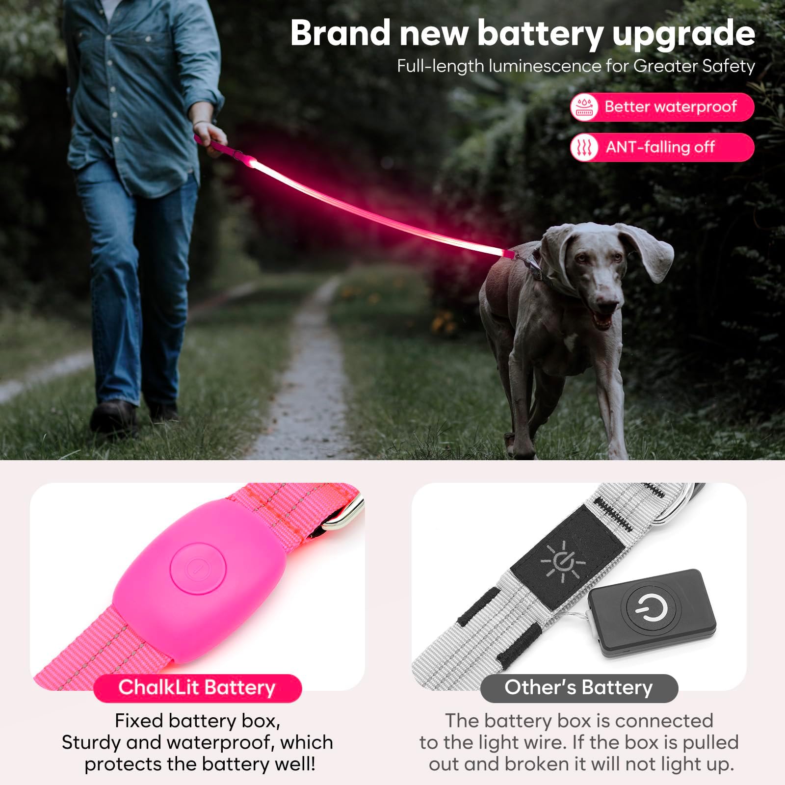 LED Leash, Light Up Dog Leash 4 Ft USB Rechargeable Waterproof, Nylon Reflective Leashes with Padded Handle Dogs Night Walking Light, Safety Glow in T