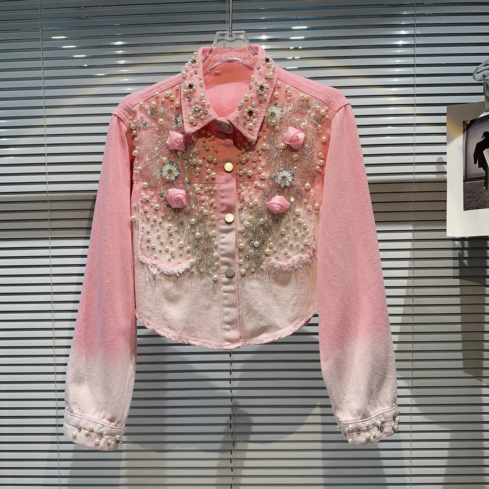 Women Autumn 3D Flowers Embroidery Beaded Denim Coat Loose Gradient Purple Color Floral Jeans Jacket Pearls Cowboy Cardigan Tops 240416