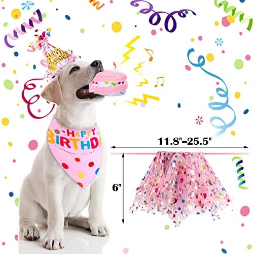 4 Pieces Dog 1st Bandana with Hat and Dress Girl Set, Puppy Birthday Party Supplies, Cute Pink Tutu Skirt Outfit for Small Medium Dogs