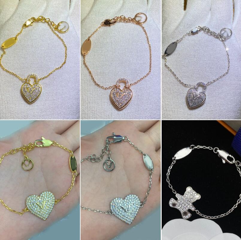 Designer Chain Bracelet Classic Letter Crystal Heart Lock Charm Bracelets 18K Gold 925 Silver Plated Wristband Cuff Bangle For Woman Party Fashion Jewelry Gift