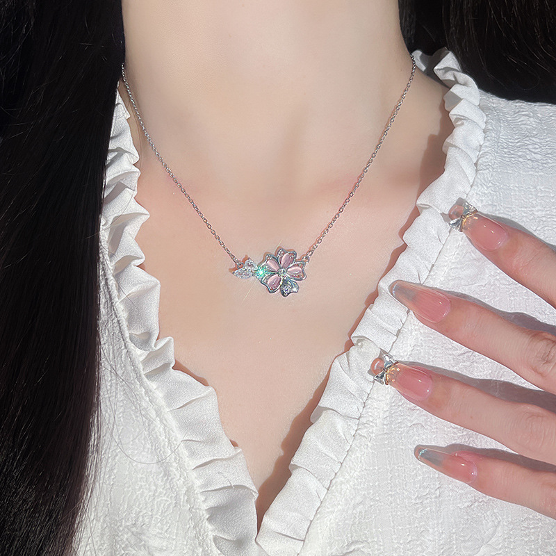 Unique Design Forest Style Cat Eye Crystal Flower Charm Necklace for Ladies - Office Wear Ready