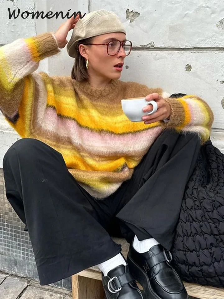 Fashion Womens Knitted Striped Mohair Sweater Vintage Oneck Long Sleeve Pullover Autumn Winter Lady Fluffy Street Jumper