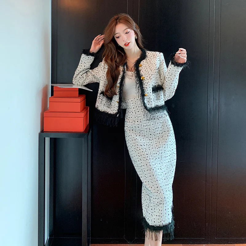 Fashion French Vintage Tweed Two Piece Set Outfits High Quality Chic Fringed Jacket Coat Bodycon Long Skirt Suits 240426