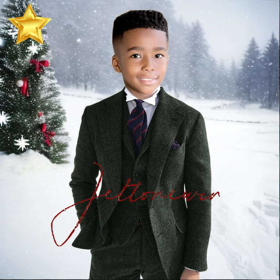 Gray Wool Tweed Winter Boy Suits For Wedding Formal KidsTuxedo Herringbone Child Fashion 3 Piece Jacket Vest Pants 241126