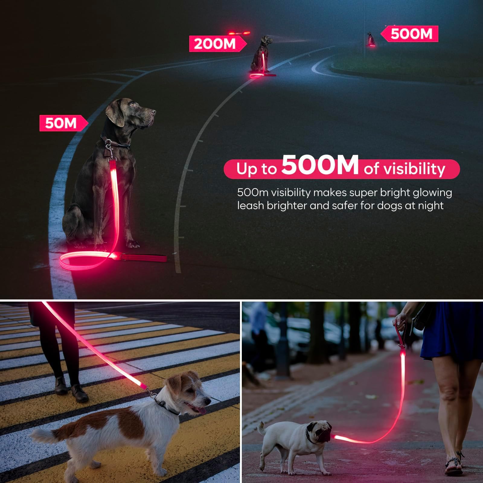 LED Leash, Light Up Dog Leash 4 Ft USB Rechargeable Waterproof, Nylon Reflective Leashes with Padded Handle Dogs Night Walking Light, Safety Glow in T