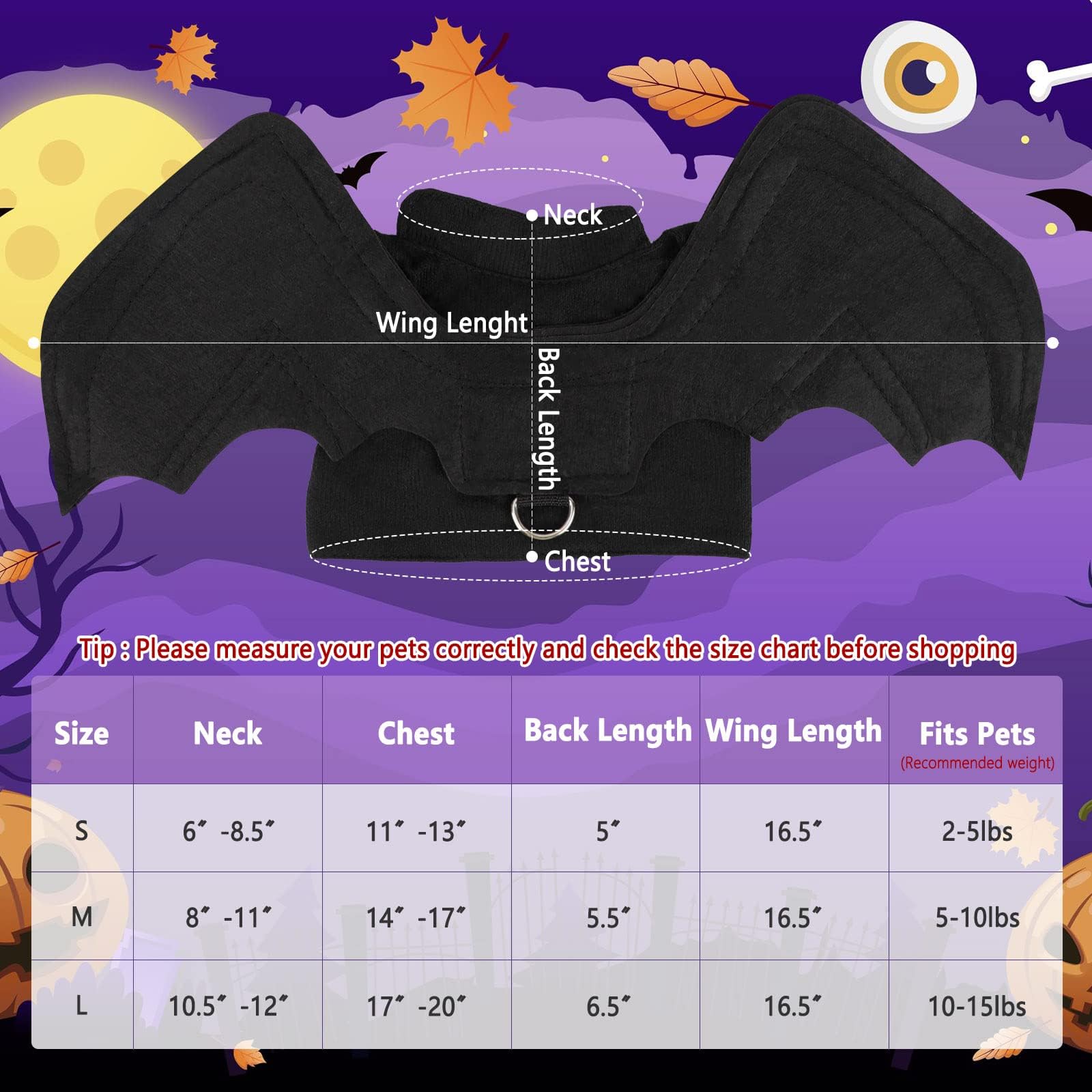 BWOGUE Bat Wings Costume Cat & Dog Pet Apparel Clothes for Halloween Party Large