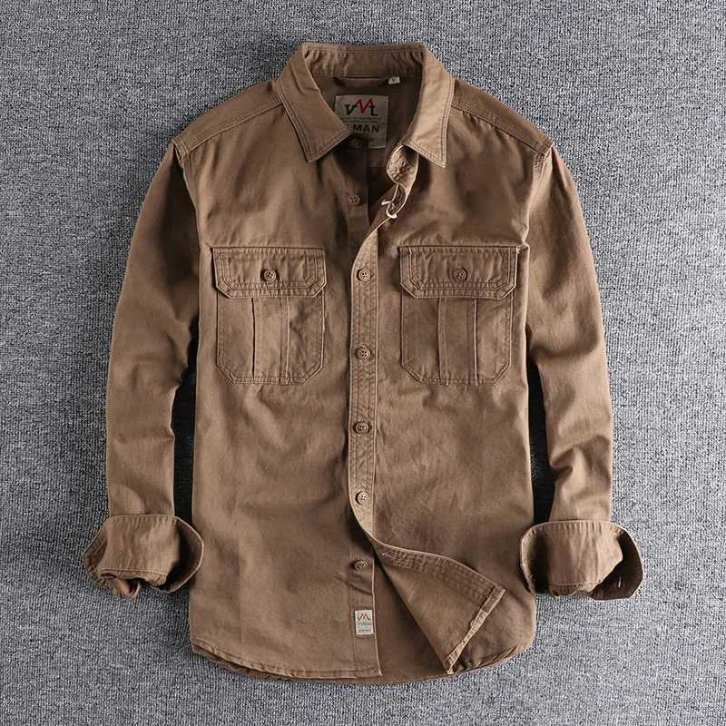Safari style mens shirt top pure cotton workwear multi pocket shirt simple washing old version mens long sleeved jacket W241127