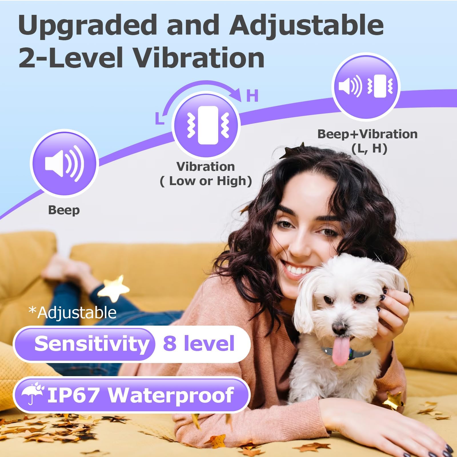 SLAYKAM Small Medium Dogs, Humane No Shock Dog 2 Vibrations Beep, Rechargeable Anti Barking Collar with 8 Adjustable Sensitivity, Smart Bark Collars f