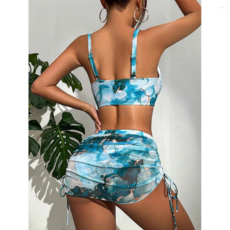 Womens Swimwear Cikini-Marble Print Bikini Swimsuit With Beach Skirt For Women Summer Bathing Suit