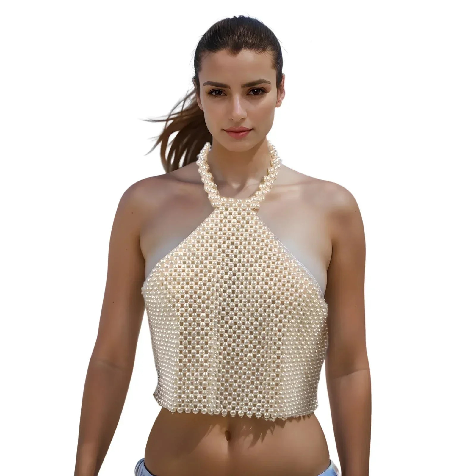 Big Large Pearl Necklace Body Chain for Women Beads Statement y Crop Top Bra Mesh Choker Shoulder Shawl Jewelry Costume 241122
