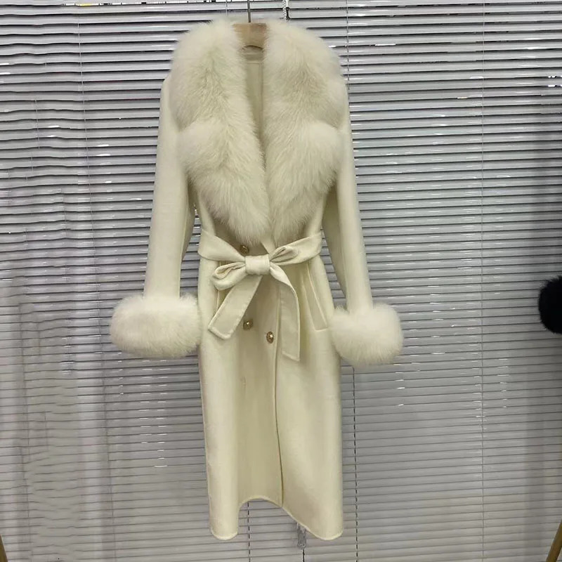 2023 Long Women Wool Cashmere Blended Coat With Big Real Fur Collar Fashion Winter Jacket Double Breasted Belt Outwear Cuff 24
