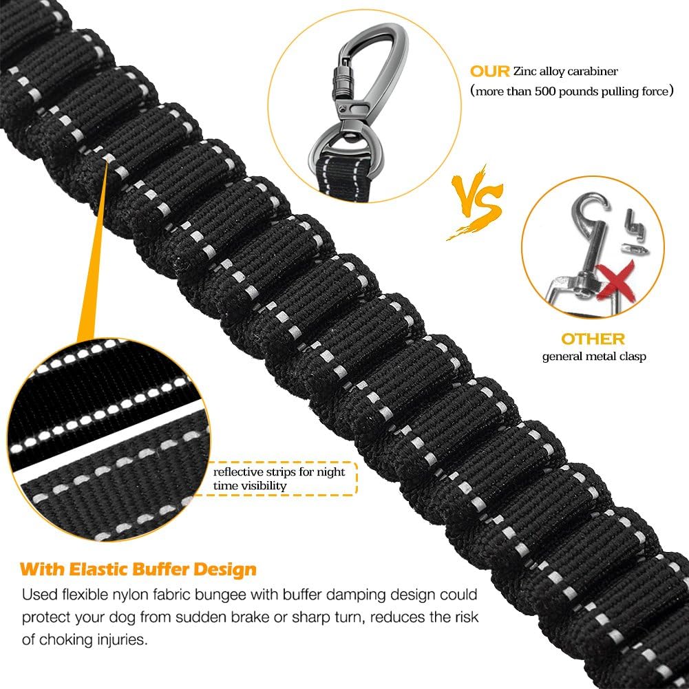 Fashion&cool Heavy Duty Especially Large Dogs Up to 150lbs, 4-6 Ft Reflective Dog Walking Training Shock Absorbing Bungee Leash Car Seat Belt Buckle, 