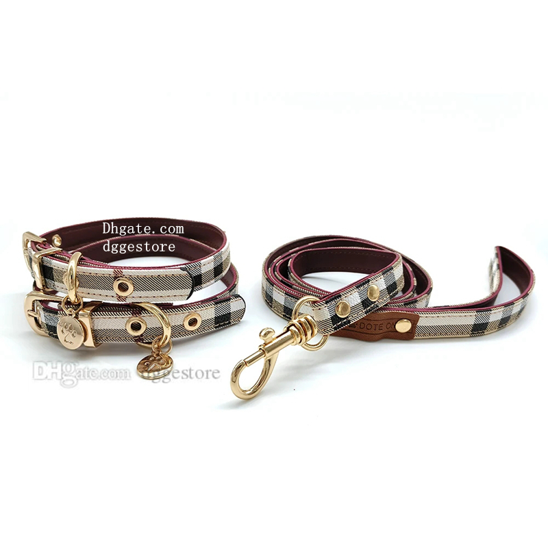 Designer Pet Collar and Leash Set Fashion Adjustable Leather Classic Plaid Collars for Dogs Pet Supplies No Pull Dog Harness for Small Dogs Cats Gift for Dog S B36