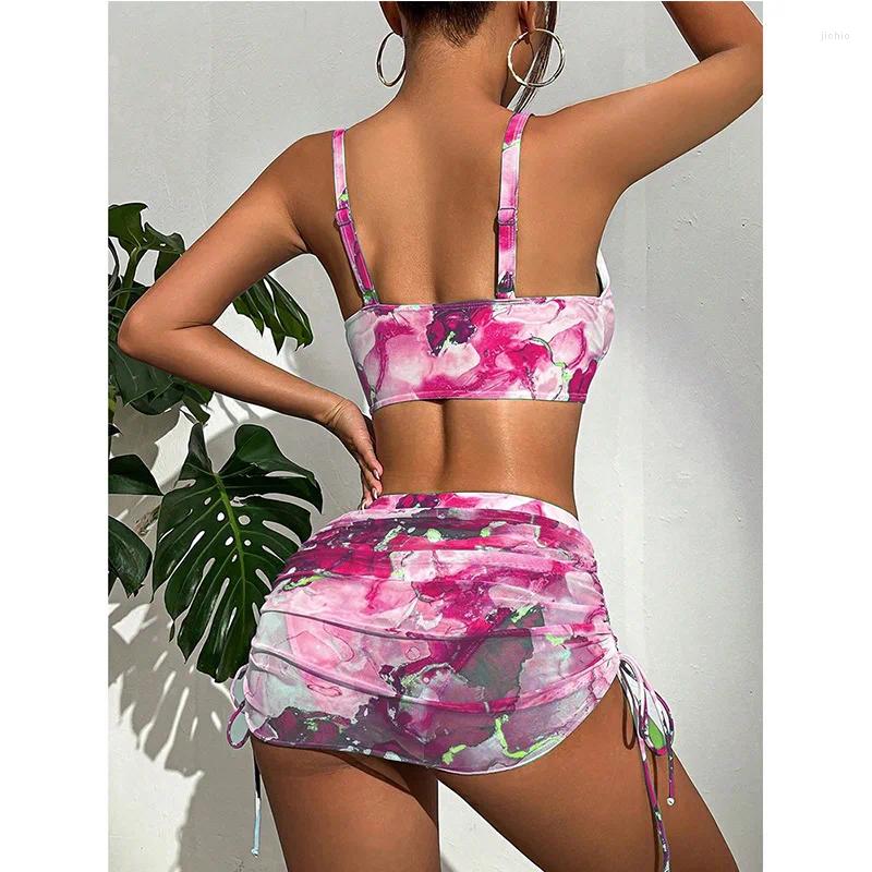 Womens Swimwear Cikini-Marble Print Bikini Swimsuit With Beach Skirt For Women Summer Bathing Suit