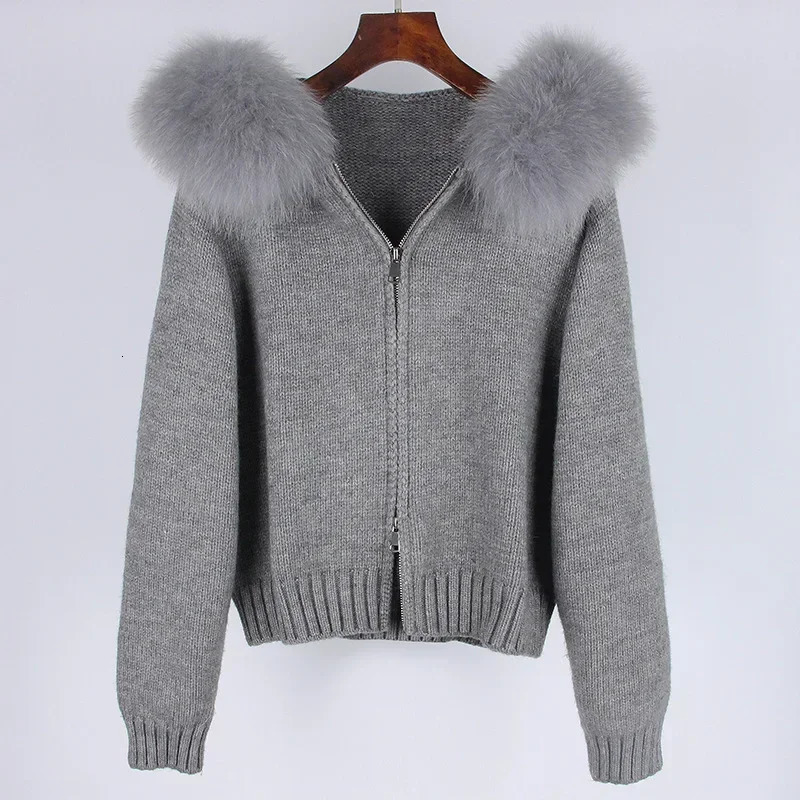 2024 American Fashion Autumn Winter Women Casual Hooded Real Fur Collar Short Knitted Jacket with Natural Coat 241120