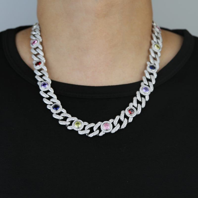 Fashion New Iced Out Round Eye Charm Necklace 12mm Cuban Chain Prong Setting Rainbow Cubic Zirconia Hip Hop Jewelry