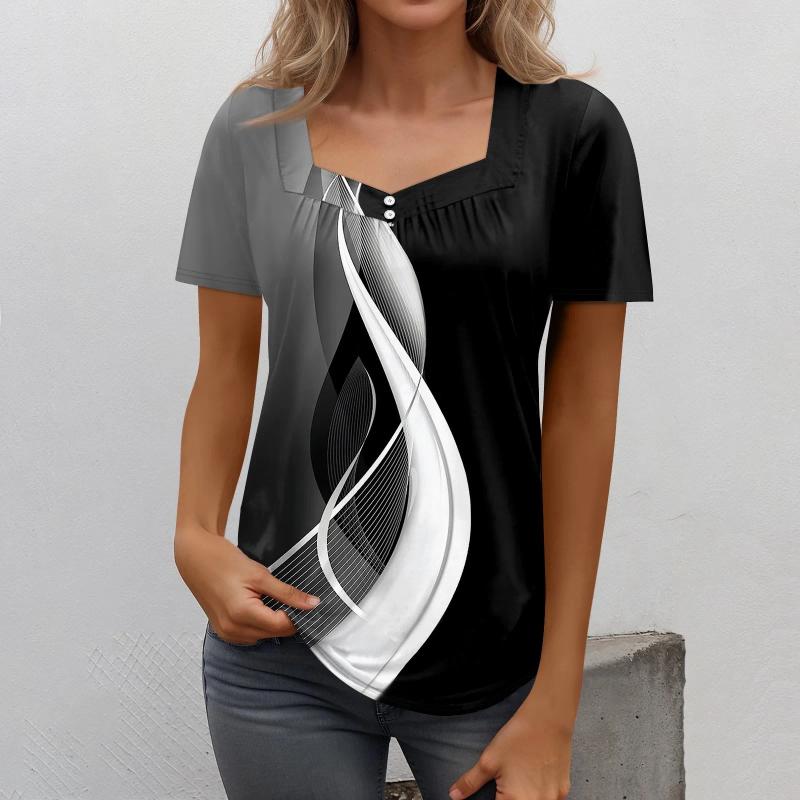 Womens T Shirts Shirtee Print Button Short Sleeve Daily Weekend Fashion Basic Square Collar Regularop Youthful Woman Clothes Cloth