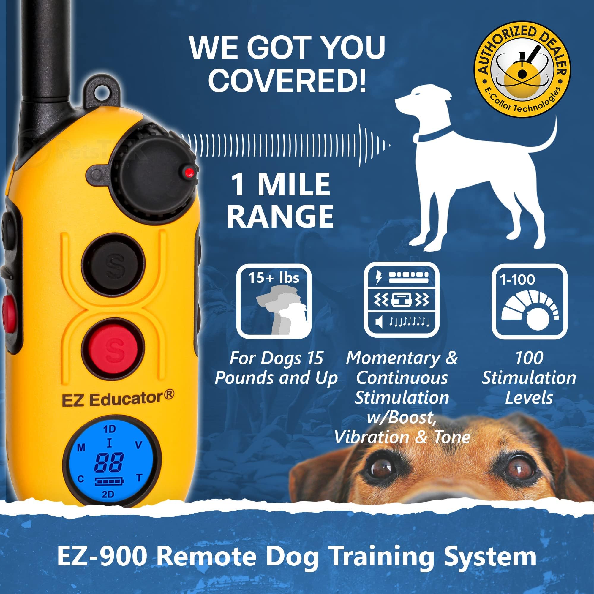 E-Collar Educator EZ-900-1/2 Mile Remote Waterproof Trainer - Static, Vibration and Sound Stilation Collar with PetsTEK Dog Training ker