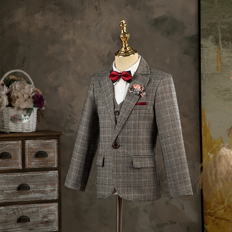 Childrens Formal Classic Palid Suit Set Boy Gentleman Catwalk Birthday Host Piano Performance Costume Kids Jacket Vest Pants 241126