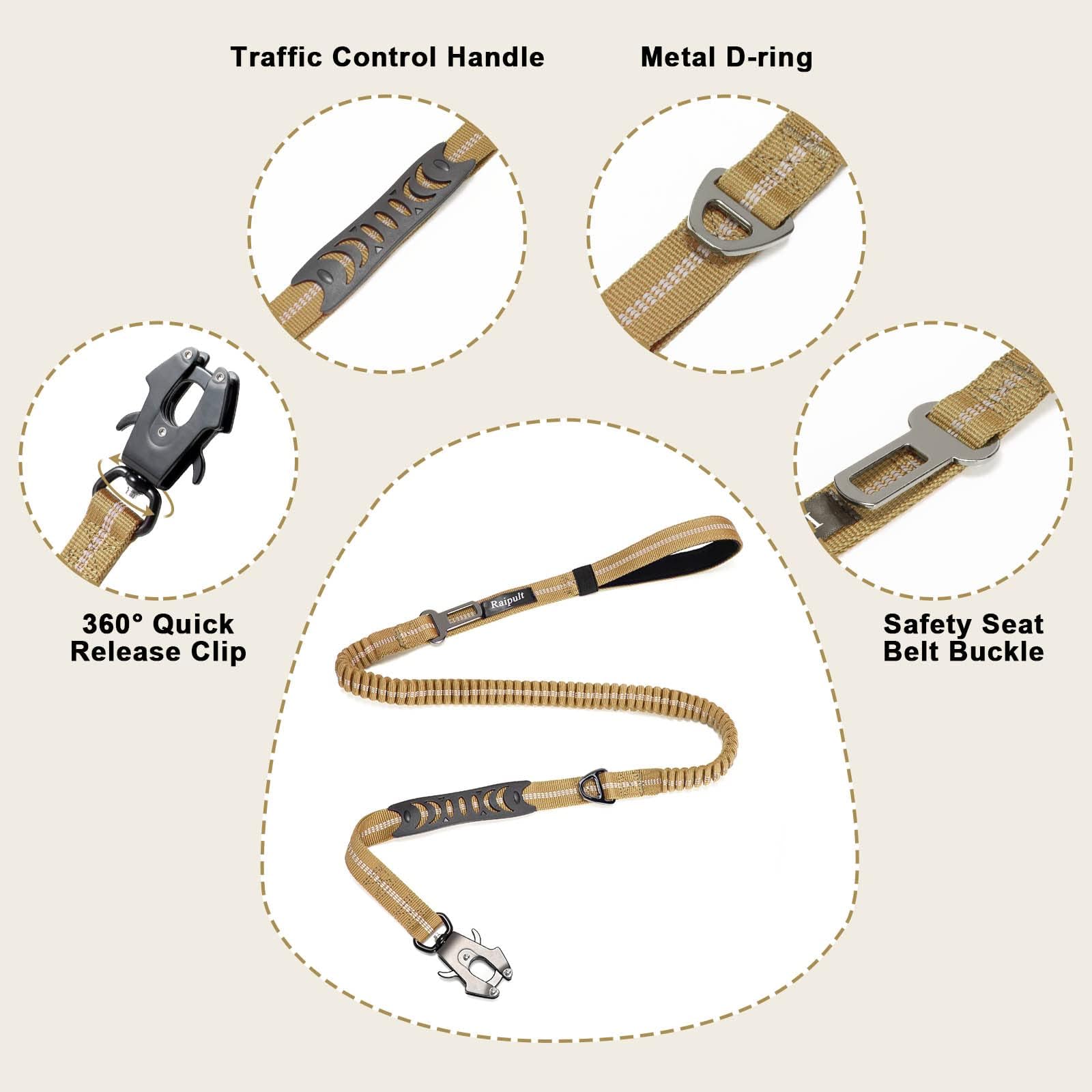 Raipult Heavy Duty Tactical Bungee Leash, 4-6FT No Pull Dog Leash Quick Release Carabiner, Reflective Shock Absorbing Leashes with Car Seatbelt for Me