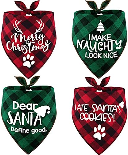 4 Pack Merry Dog Bandanas ic Triangle Fall Xmas Christmas Printing dogs Red Plaid Scarf Bibs Kerchief Gifts Set - Pet Holiday Accessories Decoration f