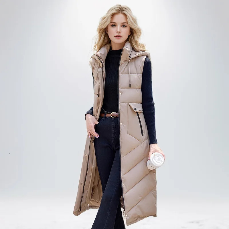 2024 Fashion Winter Long Vest Woman Outerwears Hooded Elegant Thick Warm Jackets Coat Female Sleeveless Down Cotton Parka 241121