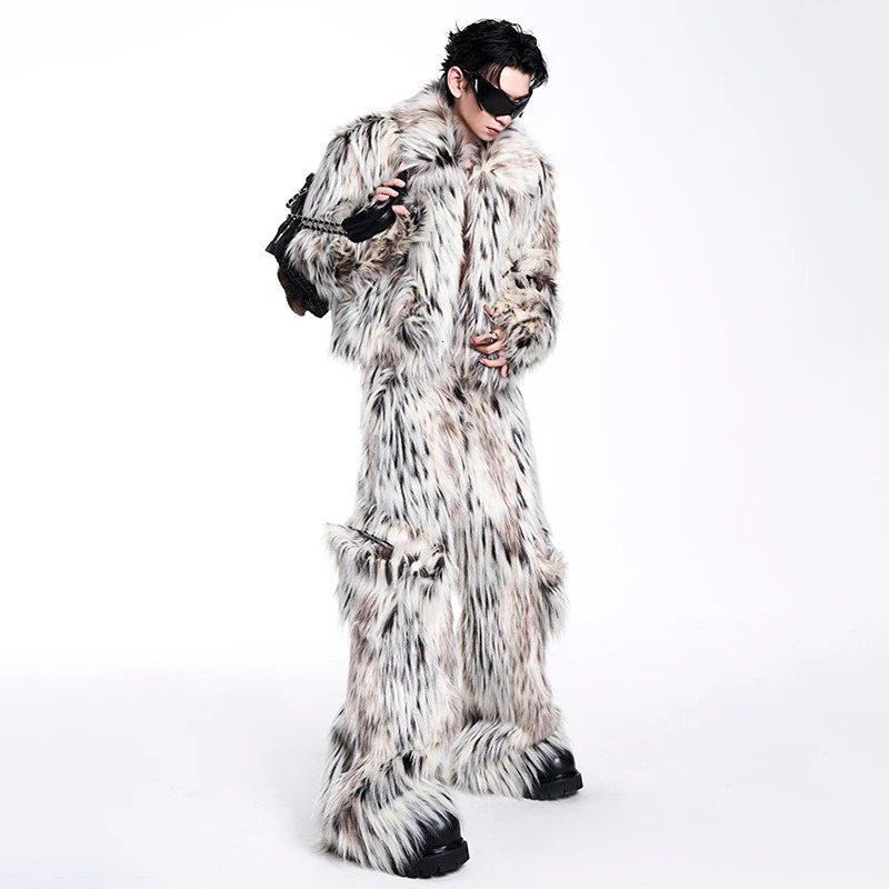 FEWQ Winter Mens Twopiece Long Fur Leopard Print Coat Big Pockets Dedign Trousers Casual Male Sets 24E5006 241112