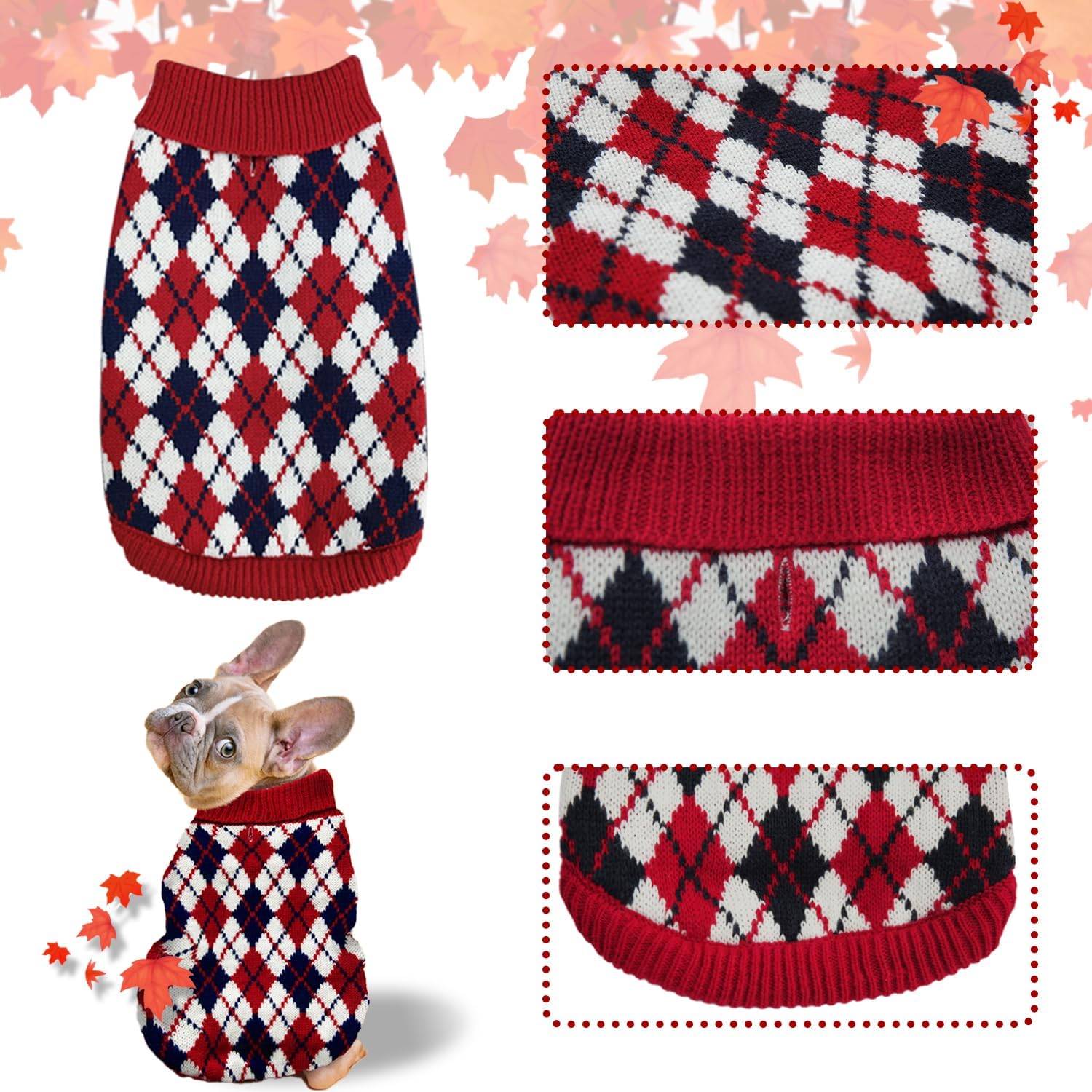 Dog Sweaters Small Dogs,Christmas Argyle Xmas Clothes, Pet Shirts for Kitten Puppy,Red Boys Girls Winter Knitwear Warm Clothes