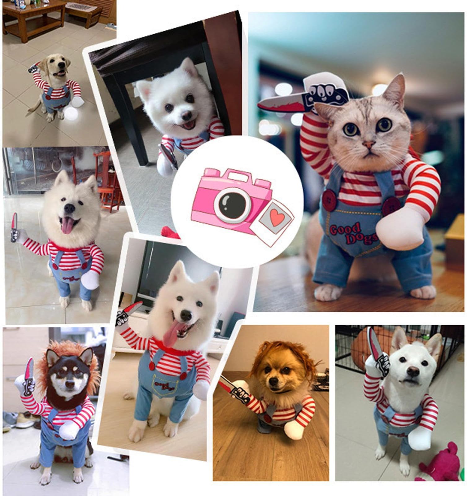 Pet Deadly Doll Costume, Novelty Cosplay Funny Halloween Costumes, Cute Clothes for Small Large Dogs Cats Puppy, Party Dress Up Cool Dog Outfit Scary 