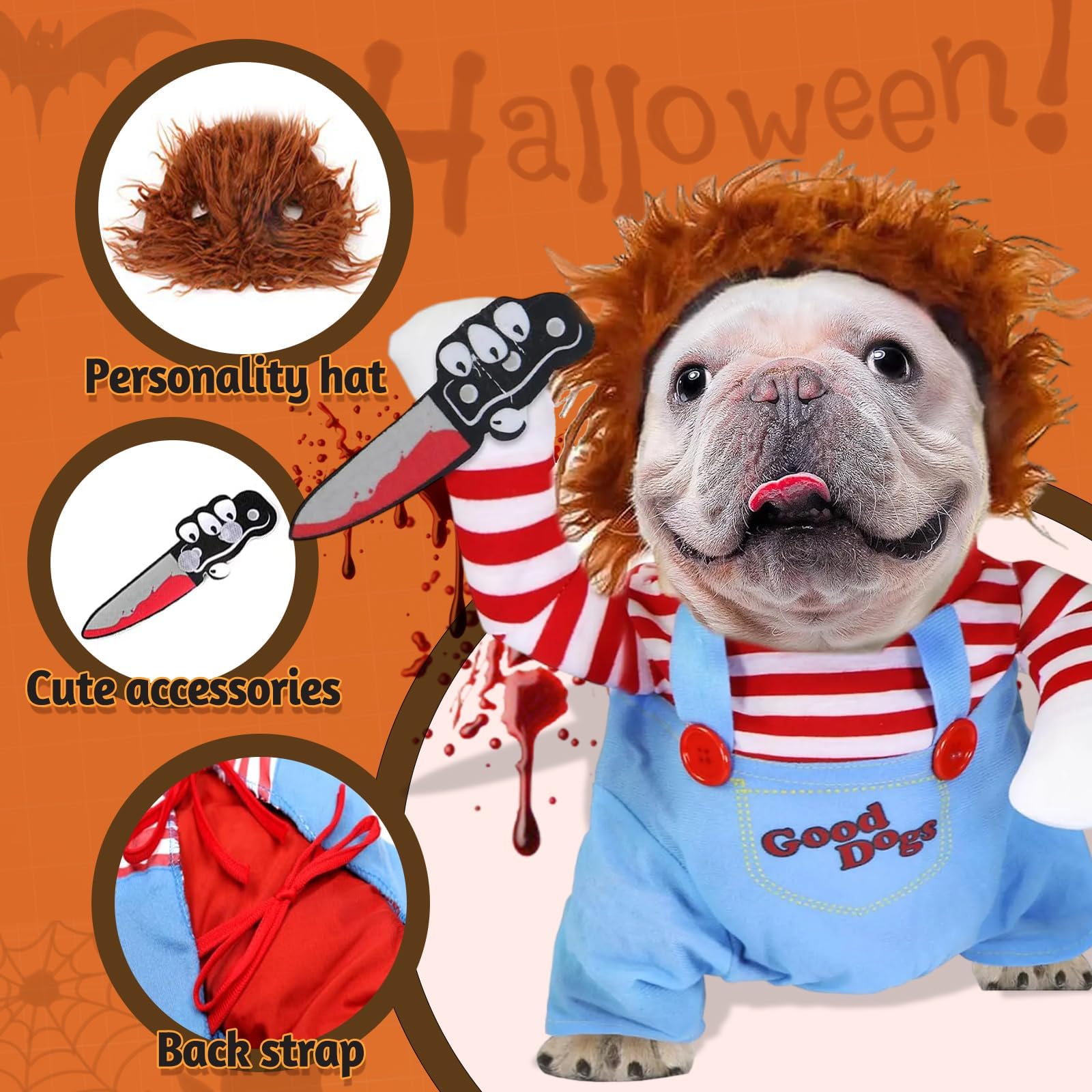 Pet Deadly Doll Costume, Novelty Halloween Christmas Funny Dog Cosplay Outfits Cute Clothes for Small Large Dogs Cats Party Dress Up Cool Puppy Costum