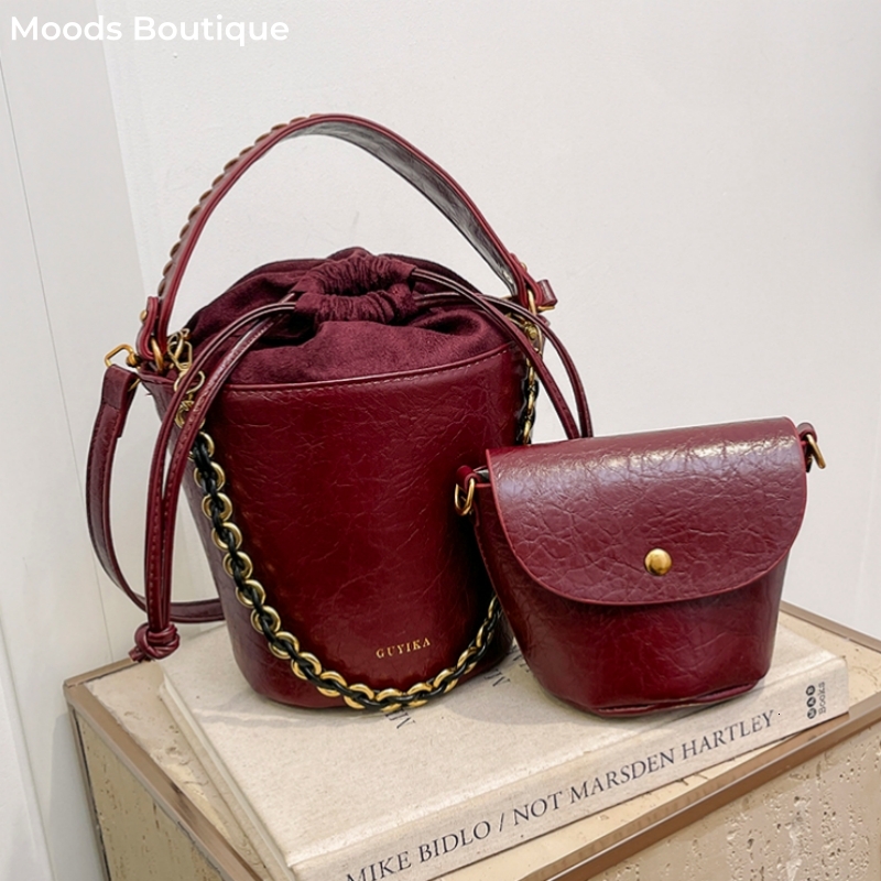 New MOODS Retro Women s Bucket leisure trend Crossbody Bag Oil Wax Leather IN Chain Shoulder Bag Designer Wallet and Handbag