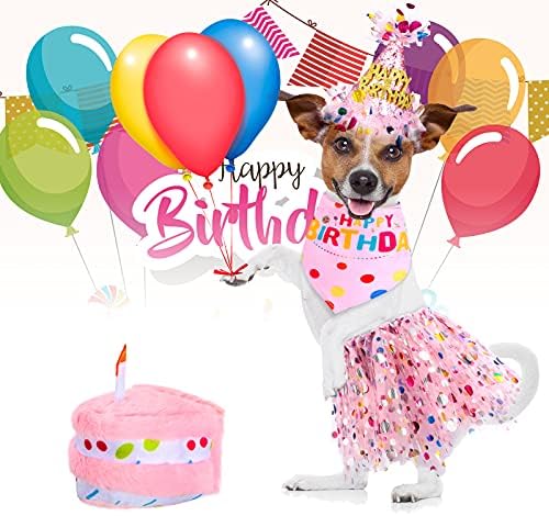 4 Pieces Dog 1st Bandana with Hat and Dress Girl Set, Puppy Birthday Party Supplies, Cute Pink Tutu Skirt Outfit for Small Medium Dogs