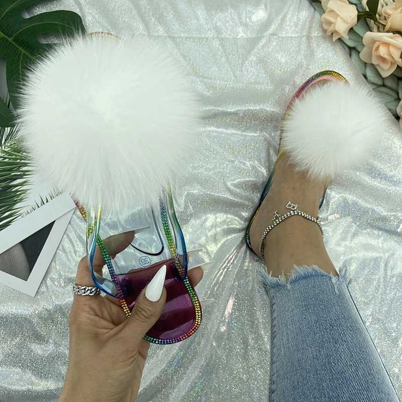 Fur Flip Flops Women Summer Beac Ladies Real Fur Furry Pom Transparent Crystal Flats Slides 2022 Fox Fur SandalsXJ250207