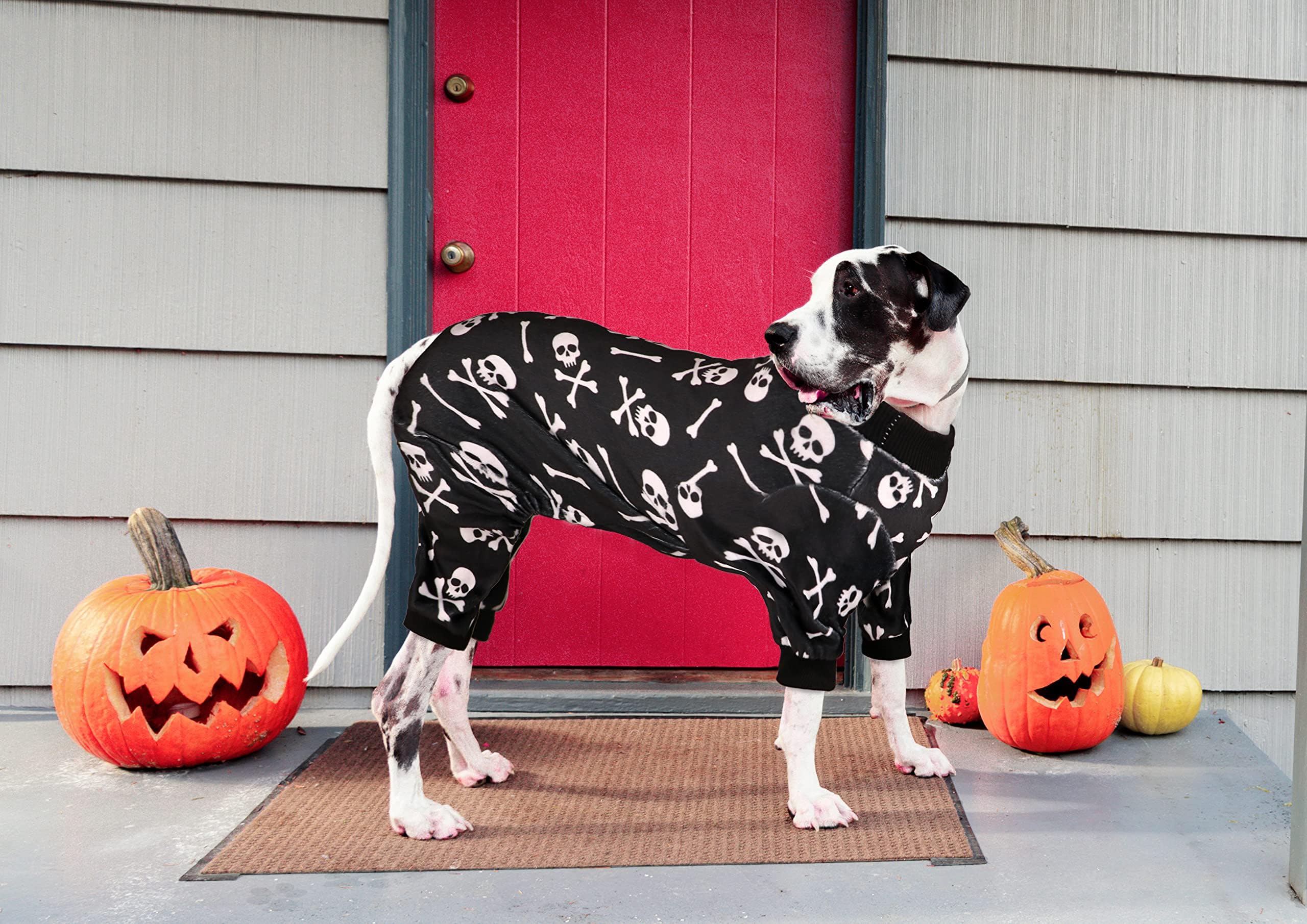 Pamas Halloween Onesie Short Plush Pjs Skull&Crossbones Super Soft and Stretchy Dog Jammies for Large Dogs (L) Black