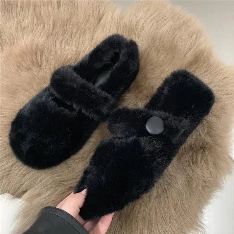 Fashion Womens Winter Fur Flat Shoes Women Warm Plush Mary Jane Casual Ballet Shoes Outdoor Round Toe Shallow Footwear 241127