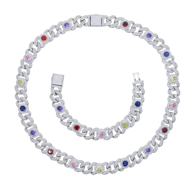 Fashion New Iced Out Round Eye Charm Necklace 12mm Cuban Chain Prong Setting Rainbow Cubic Zirconia Hip Hop Jewelry